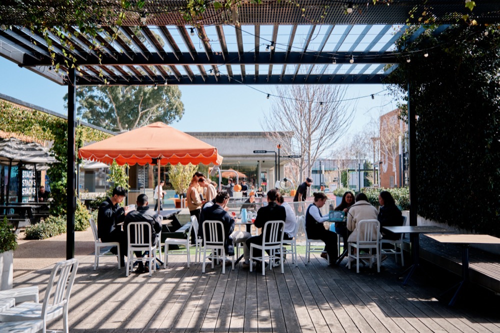 People sharing lunch at tables under the pergola in the Morris Moor courtyard